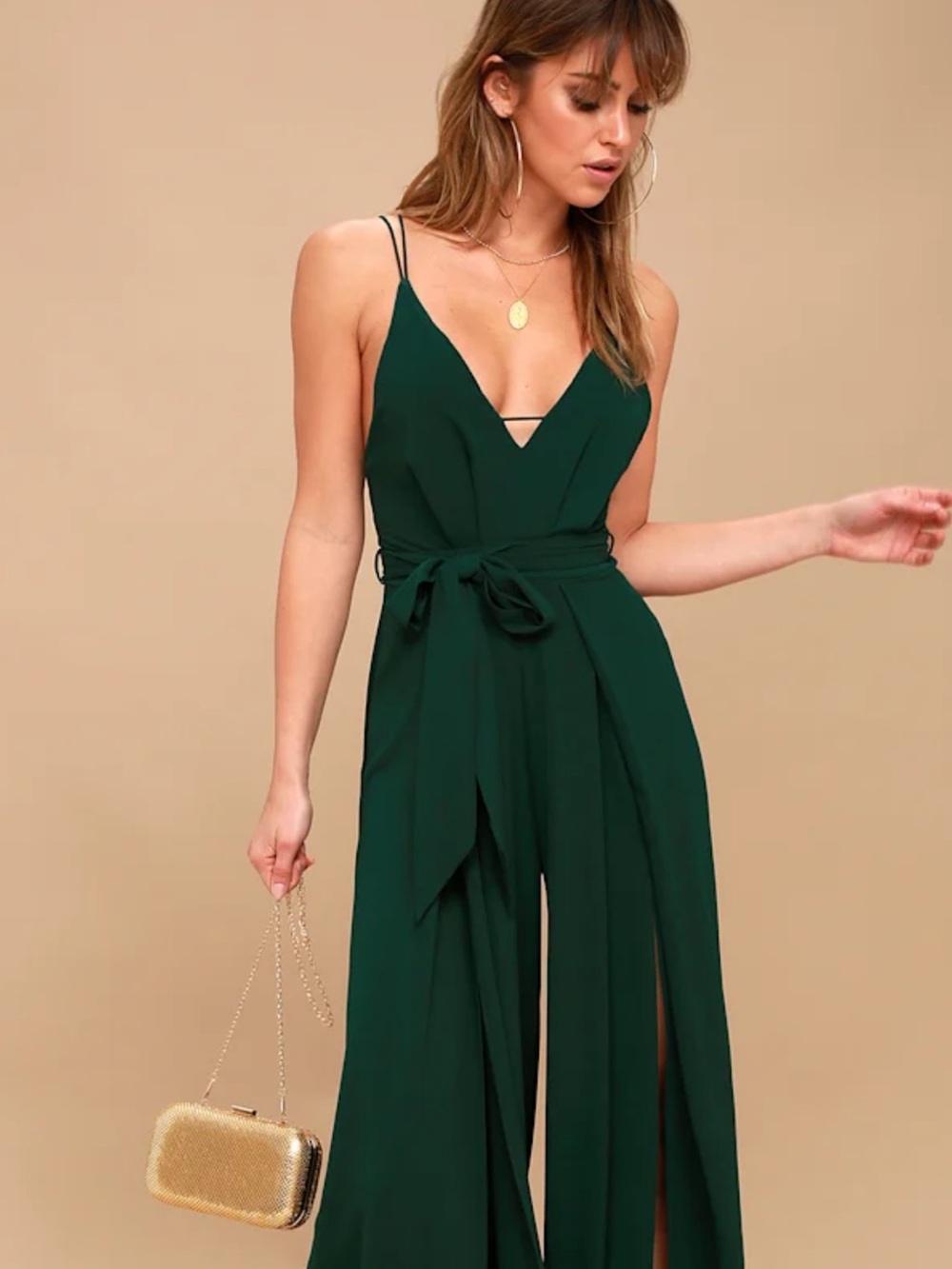 Lulus Forest Green Wide Leg Jumpsuit Backless Tie Waist M (sold out)